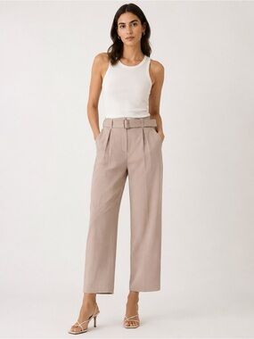 A.L.C. Women’s Size 6 Wide-Leg Pleated Trousers with D-Ring Belt – Taupe